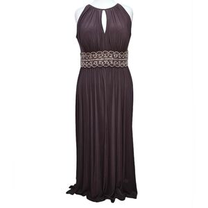 R&M Richards Women Maxi Plum Prom Dress with Front Slit Beaded Waistband 14W